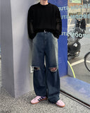Ripper washed wide denim pants