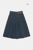 Belted pleated denim midi skirt