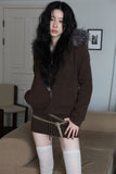 Trimming hood fur knit zip-up