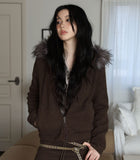 Trimming hood fur knit zip-up