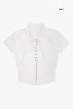 Hole shirring eyelet zip-up crop shirt