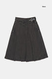 Belted pleated denim midi skirt