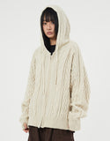 Cable twisted knit hood zip-up