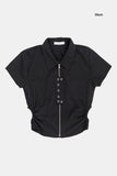 Hole shirring eyelet zip-up crop shirt