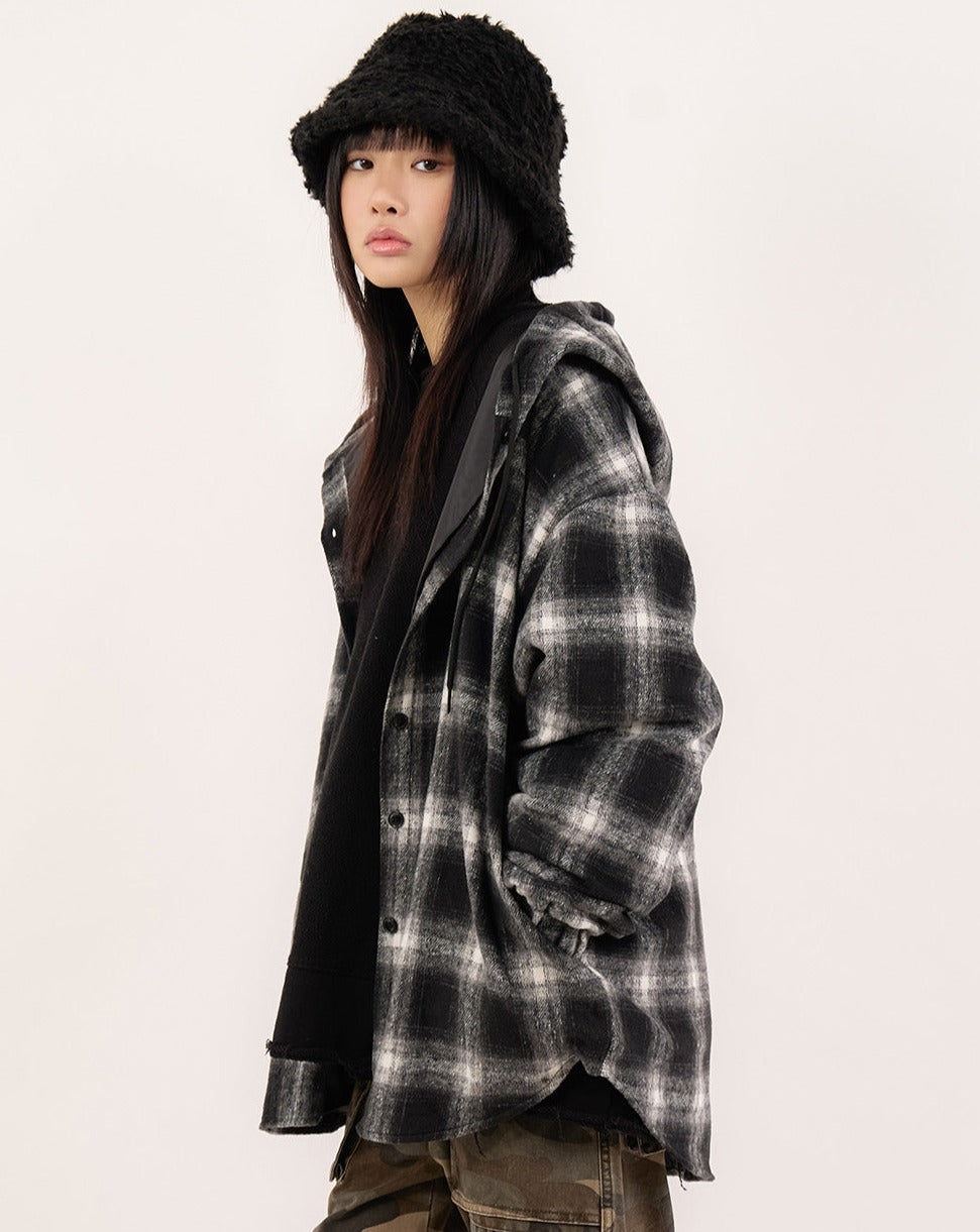 Over wool hooded check shirt