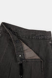 Belted pleated denim midi skirt