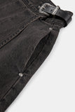 Belted pleated denim midi skirt