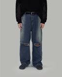 Ripper washed wide denim pants