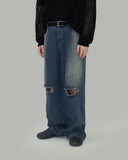 Ripper washed wide denim pants