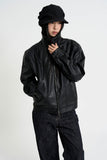Curved leather overfit jacket
