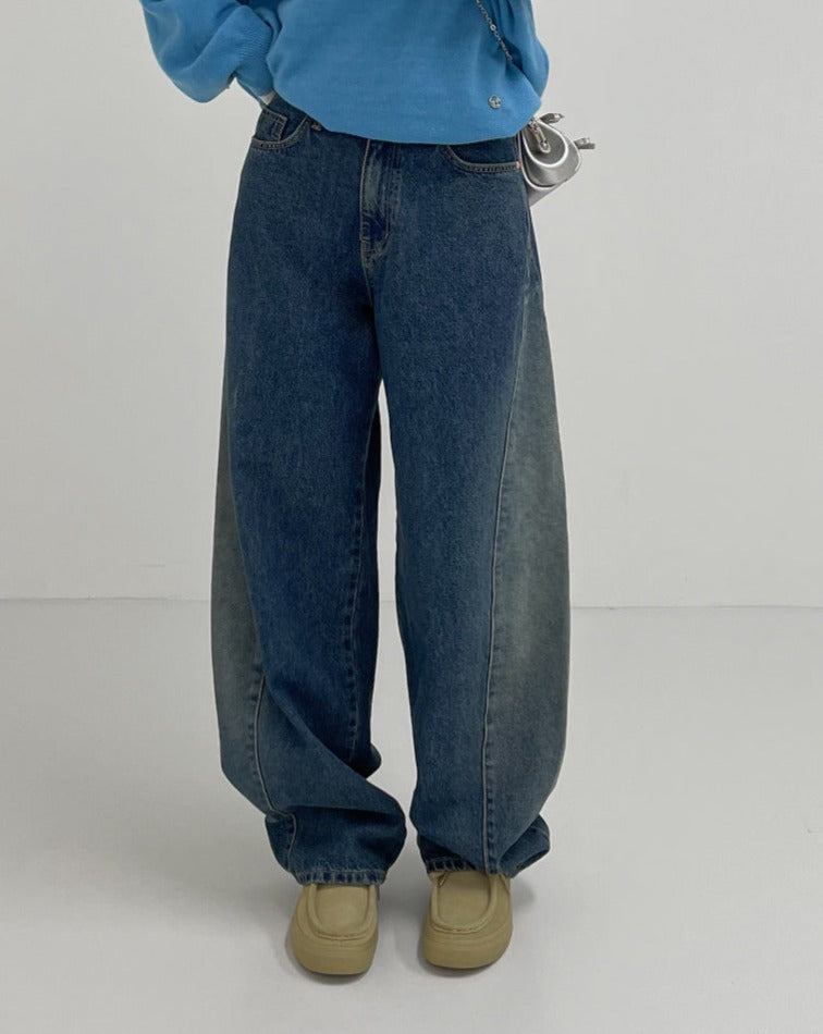 【INCHANT ME】885 Washed Curved Wide Denim INCHANT ME(インチャントミー) -885ウォッシュ加工ワイドデニム