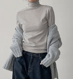 Stripe Fleece Turtleneck T-Shirt