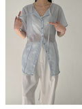 [Short sleeve ver.] Strap See-Through Long Blouse