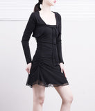 Curling crop cardigan + chiffon one-piece set