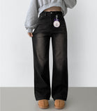 Basic Wide Fit Washing Banding Span Heated Fabric Brushed Denim Pants