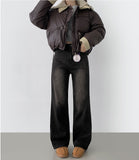 Basic Wide Fit Washing Banding Span Heated Fabric Brushed Denim Pants