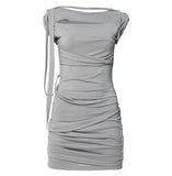 Asymmetrical Draped Strap Roll-Up Dress