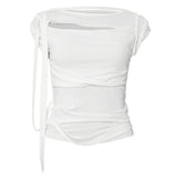 Asymmetrical Draped Strap Roll-Up T-Shirt
