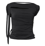 Asymmetrical Draped Strap Roll-Up T-Shirt