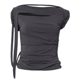 Asymmetrical Draped Strap Roll-Up T-Shirt