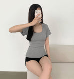 Deep U-neck Square Neck Slim Fit Short Sleeve T-Shirt