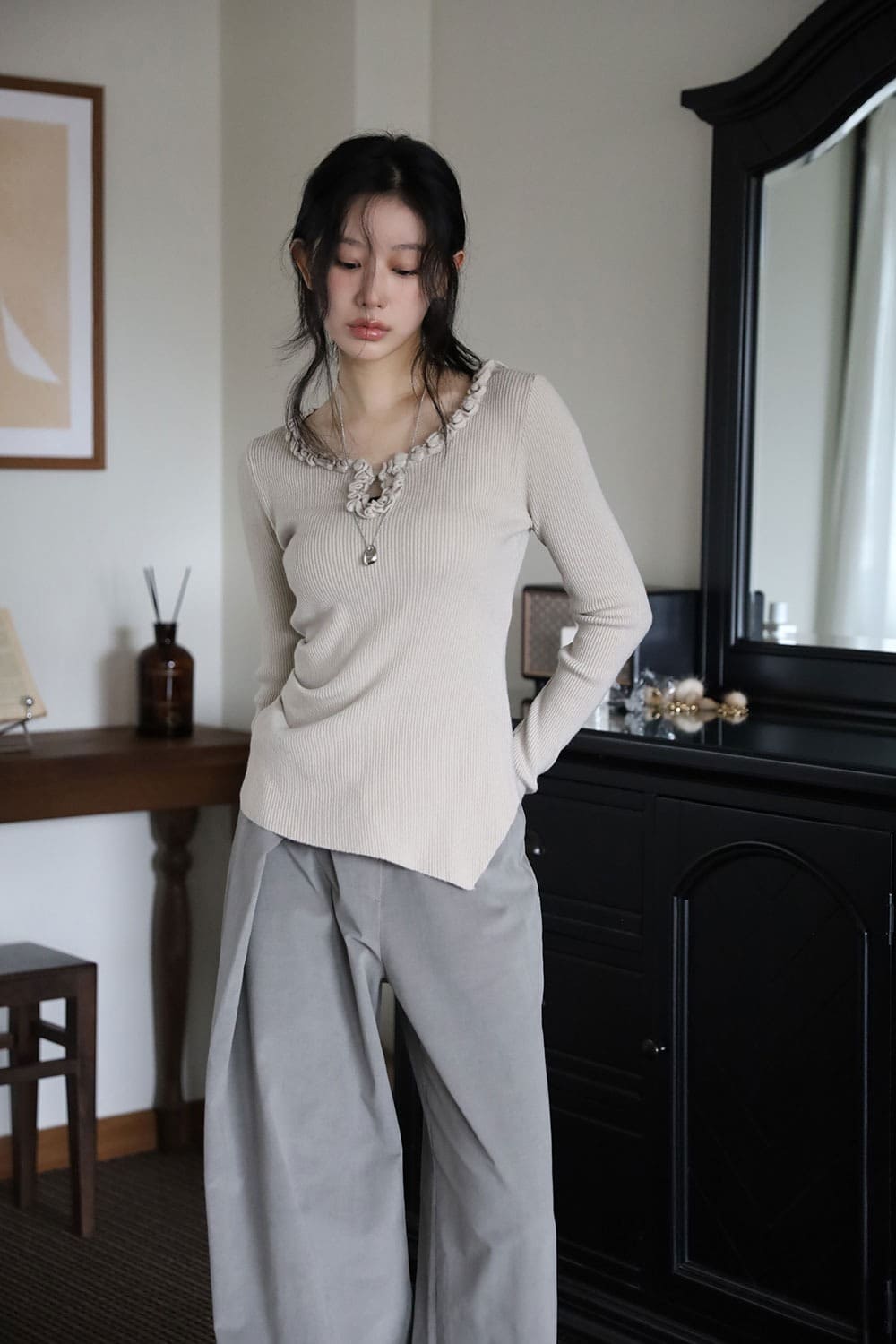 スムースファーリブニットトップス IVO アイボリー ドライタッチノースリーブニット／ウォッシャブル(ニット