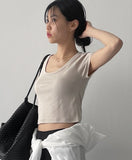 Rib Deep U-neck Short Sleeve T-Shirt