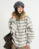 Stripe fur crop hood zip-up