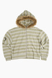 Stripe fur crop hood zip-up