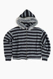Stripe fur crop hood zip-up
