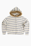 Stripe fur crop hood zip-up