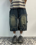 Damage Cut Double Knee Bermuda Banded Denim