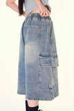 Radial wide denim bermuda pants