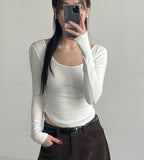 Peach Deep U-Neck Crop Long Sleeve T-Shirt