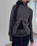 HIGH-NECK TWO-TONE KNIT ZIP-UP