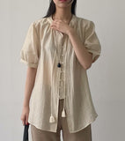 Tassel See-Through Long Short Sleeve Blouse