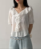Frill V-Neck See-Through Blouse