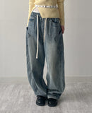 [unisex] Pocket banding balloon wide denim