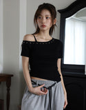 One shoulder studded short sleeve tee