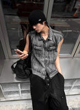Multi-Pocket Metal Semi Crop Sleeveless Denim Jacket