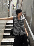 Multi-Pocket Metal Semi Crop Sleeveless Denim Jacket