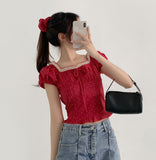 [Scrunchie Set] Dot Color Matching Lace Dot Pattern Puff Short Sleeve Blouse