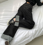 Non-Fade Raw Roll-Up Embroidery Detail Wide Fit Denim Pants