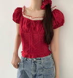 [Scrunchie Set] Dot Color Matching Lace Dot Pattern Puff Short Sleeve Blouse
