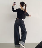 Non-Fade Raw Roll-Up Embroidery Detail Wide Fit Denim Pants