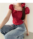 [Scrunchie Set] Dot Color Matching Lace Dot Pattern Puff Short Sleeve Blouse