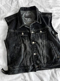Multi-Pocket Metal Semi Crop Sleeveless Denim Jacket