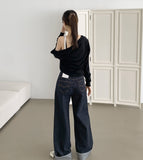Non-Fade Raw Roll-Up Embroidery Detail Wide Fit Denim Pants