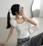 [Scrunchie Set] Dot Color Matching Lace Dot Pattern Puff Short Sleeve Blouse