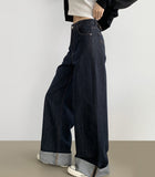 Non-Fade Raw Roll-Up Embroidery Detail Wide Fit Denim Pants